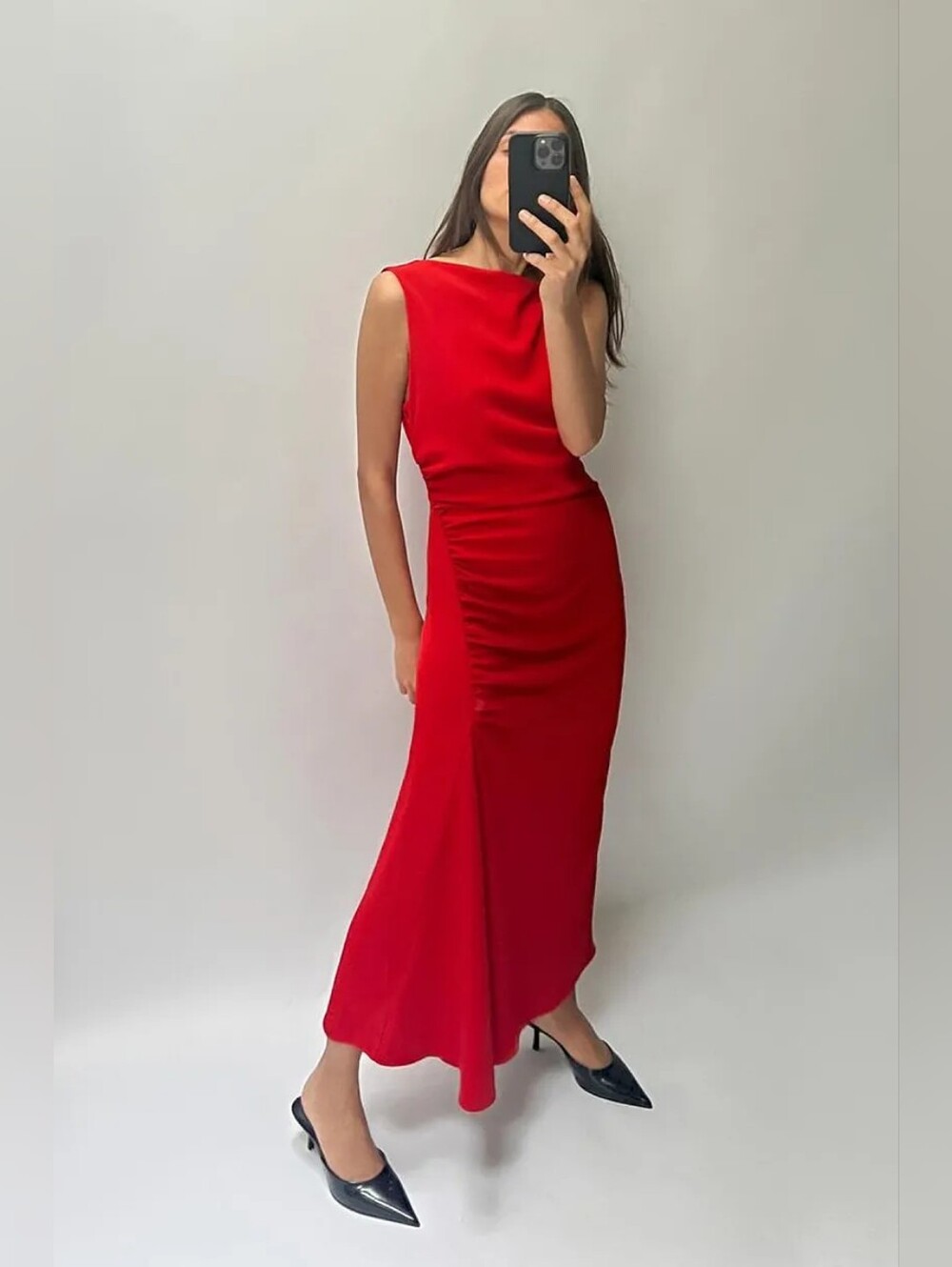 Zara Women's Small Red Ruched Midi Dress